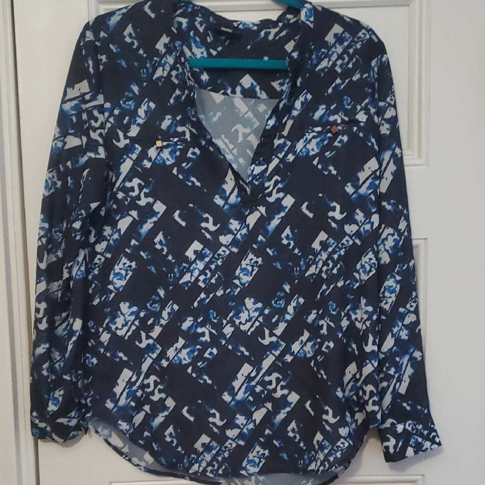 Navy and White Geometric Blouse